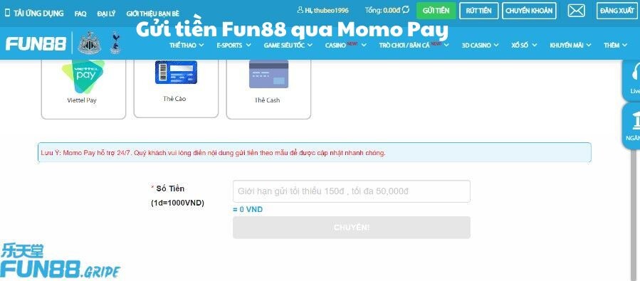 Gửi tiền Fun88 qua Momo Pay