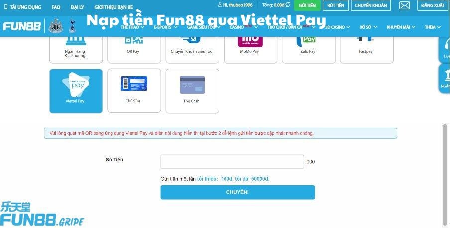 Nạp tiền Fun88 qua Viettel Pay